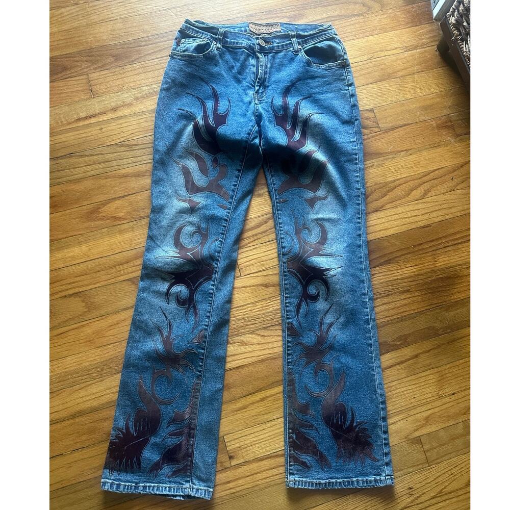Crest Tribal Flame Graphic Jeans Size 6 – Y2K Edgy Statement Style